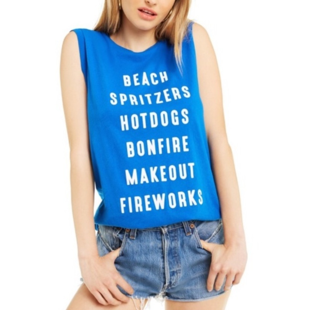 Wildfox July List Beach Blue Sleeveless Graphic Muscle Tank S
